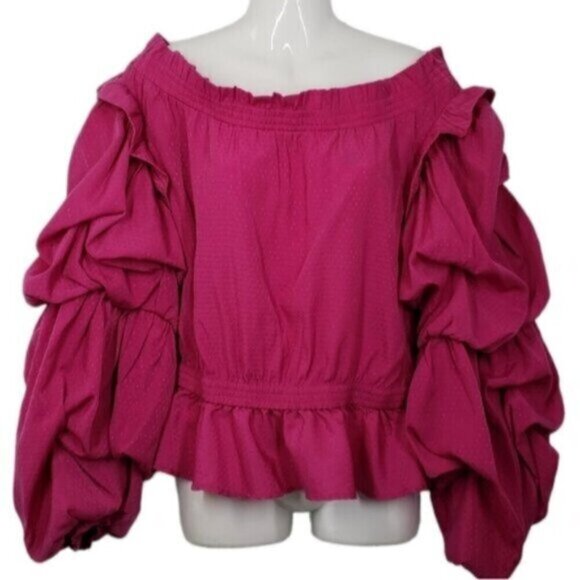 Guess Puffy Sleeve Off Shoulder Barbie Pink Pirate Top Ruffles Women's Sz Large - Picture 1 of 16
